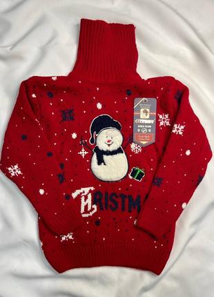 Новогодний детский свитер с новогодним узором, снеговиками, снежинками, merry christmas