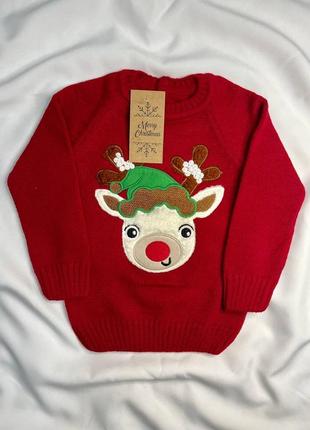 Новогодний детский свитер с новогодним узором, снежинками, оленями, merry christmas