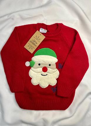 Новогодний детский свитер с новогодним узором, снежинками, дедом морозом, merry christmas
