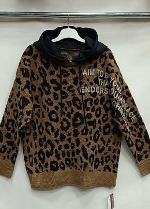 Коричневая леопардовая вязаная толстовка-худи оверсайз