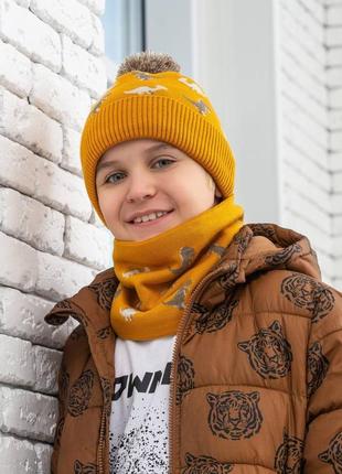 Шапка детская, шапка с динозаврами, шапка на флисе