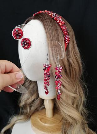 Криштальний обруч, сережки червоні ручна робота marina_doycheva_accessories 🇺🇦