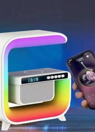 Ночной аккумуляторный rgb g3 с беспроводной зарядкой 15w и bluetooth колонкой 3w настольная смарт лампа