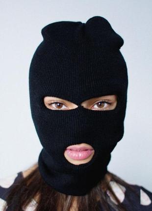 Балаклава стильна в'язана шапка маска бандитка шлем неонова чорна унісекс стильная вязаная неоновая черная тепла теплая