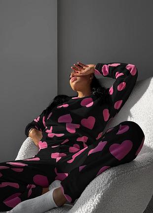 Пижама женская теплая махровая утепленная осенняя зимняя на осень зима домашний костюм штаны кофта розовая белая черная с сердечками