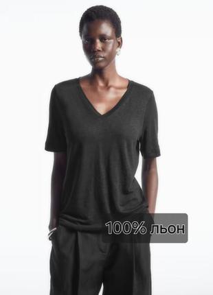 Льняная трикотажная футболка цвета хаки h&m