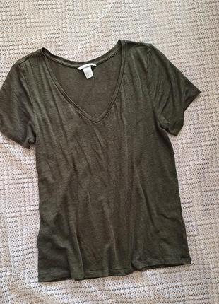 Льняная трикотажная футболка цвета хаки h&m2 фото
