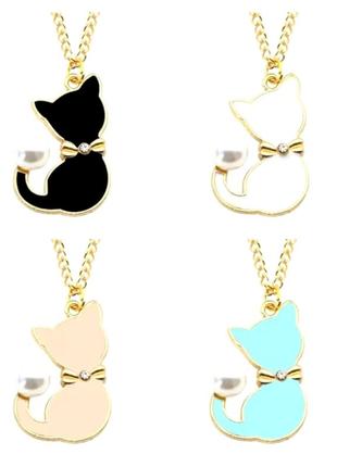Модное колье цепочка с подвеской кулоном кот 🐱 жемчуг эмаль тренд