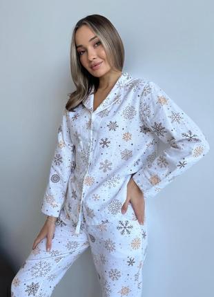 Пижама женская фланелевая теплая белая снежинки домашний костюм