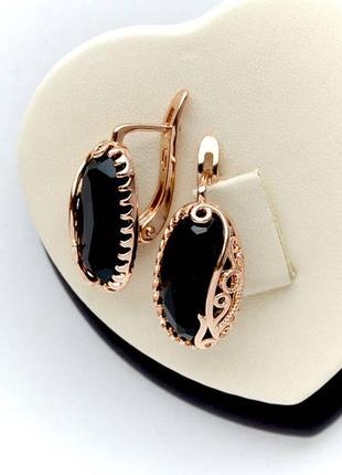Позолочені сережки чорні камені медичне золото позолоченные серьги черные камни медзолото