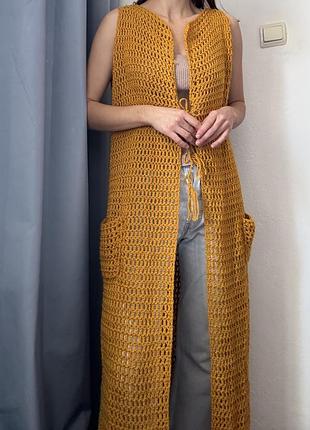 Вязаный кардиган ручная работа крючком свитер длинный вязаный свитер пуловер реглан лонгслив кофта горчичный свитер горчичный кардиган шерсть свитер