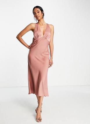 Атласное платье миди с глубоким сзади asos design sat beige