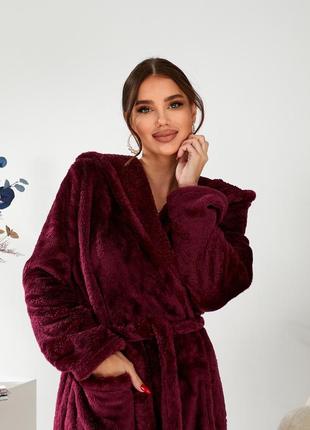 Женский махровый длинный халат с капюшоном бордовый (марсала) xxl размер 52