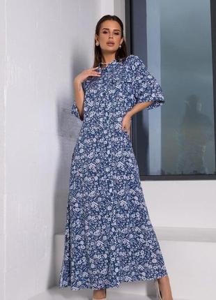 Бавовняне синє плаття-сорочка з квітковим принтом, штапель, повсякденний