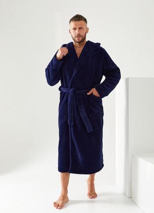 Мужской махровый халат с капюшоном длинный темно синий l размер 48