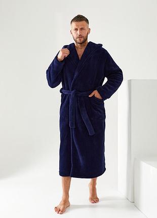 Мужской махровый халат с капюшоном длинный цвет темно синий xxl размер 52