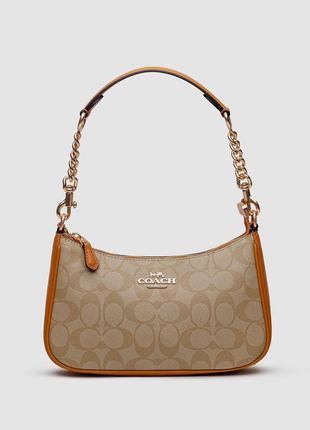 Женская сумочка coach на плечо из гладкой кожи с канвой бежевая 24.5 x 14 x 6 см