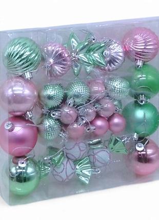Новорічні прикраси іграшки на ялинку 36 штук, кульки, цукерки, бурульки, зірочки, у слюді