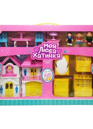 Игровой набор кукольный домик bambi wd-926-a-b мебель и 3 фигурки желтый