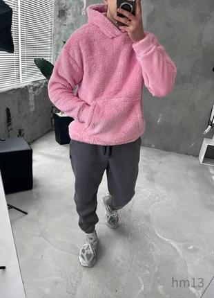 Чоловічий теплий рожевий плюшевий худі з капюшоном оверсайз модна махрова толстовка для хлопця на зиму