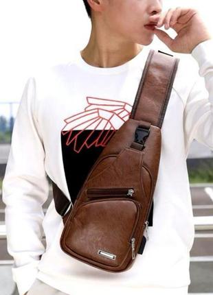 Модна чоловіча сумка месенджер через плече світло коричнева3 фото
