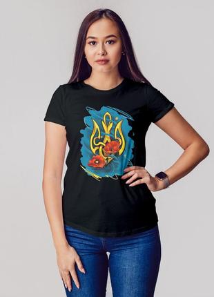 Жіноча чорна патріотична футболка з принтом "герб україни" 100% хлопок