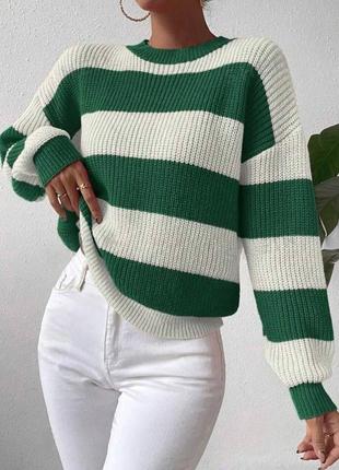 Жіночий теплий в'язаний резинкою светр у смужку розмір oversize 42-46