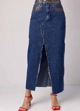 Длинная джинсовая юбка с леопардовым напылением - синий цвет, 42р (есть размеры)