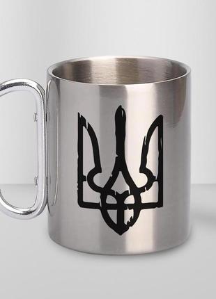Кружка металева з карабіном "тризуб" 300 мл срібляста|ціна-якість|