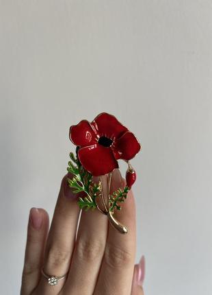 Металлическая брошь красный мак цветок