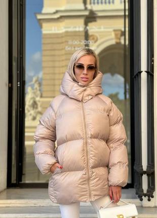 Пуховик пуффер жіночий теплий зимовий бежевий  матовий з капюшоном куртка пальто парка зима на змійці з капюшоном плащівка аеропух