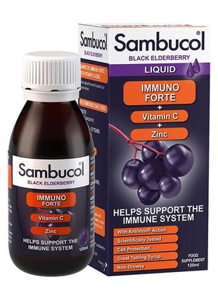Чорна бузина сироп з вітаміном c і цинком sambucol immuno forte для дорослих і дітей від 3 років 120