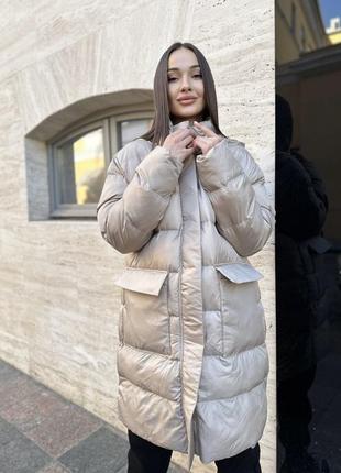 Пальто куртка жіноче тепле довге без капюшону стьобане базове осіннє зимове на осінь зиму демісезонне чорне бежеве коричневе