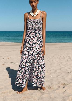 Квітчаста сукня міді з льоном від zara, розмір xs