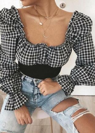 Клетчатая блуза с пышными рукавами ✨zara✨ блузка топ в клетку кроп топ в корсетном стиле