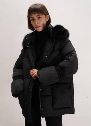 Черный теплый женский пуховик, пуховик с капюшоном