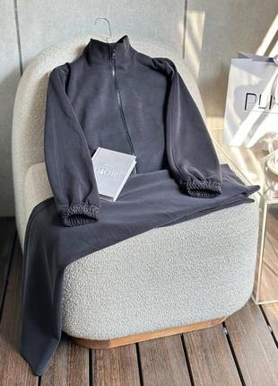 Костюм спортивний жіночий теплий на флісі оверсайз худі на блискавці штани вільного крою на високій посадці якісний стильний графітовий