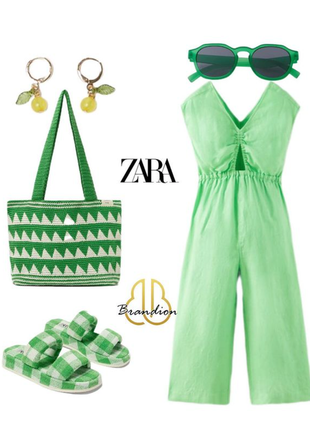 Стильный салатовый льняной комбинезон zara