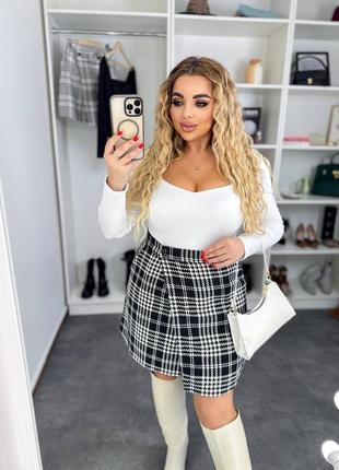 Твидовая теплая женская юбка мини на запах, женская демисезонная юбка+ боди, женский костюм с юбкой батал / 376