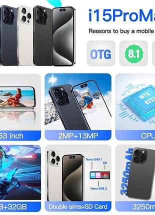Китайский мобильный телефон смартфон apple iphone 15 promax / u18, 3 гб+64 гб, 6,53 дюйма, идентификация лица