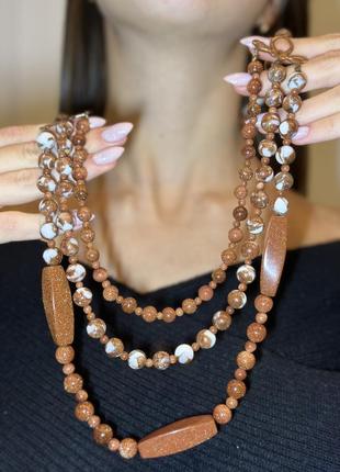 Бусы из авантюрина, многоуровневое ожерелье, авантюрин, золотой песок, бусы ручной работы