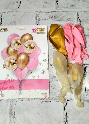 Повітряні кульки латексні з конфетті комплект 12 шт 30 см 12 дюймів рожеві з золотими (f-108)