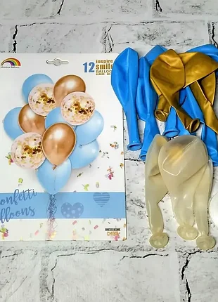 Повітряні кульки латексні з конфетті комплект 12 шт 30 см 12 дюймів блакитні з золотими (f-107)