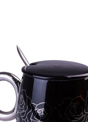Чашка керамічна golden romance 400мл з кришкою і ложкою кухоль для чаю чорний