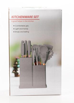 Набір кухонного приладдя на підставці 19 штук кухонні аксесуари з силікону з бамбуковою ручкою сірий4 фото