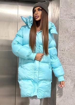 Бирюзовая теплая куртка пуховик по колена со сьемным капюшоном и широкими секциями (пуффер), 42-46