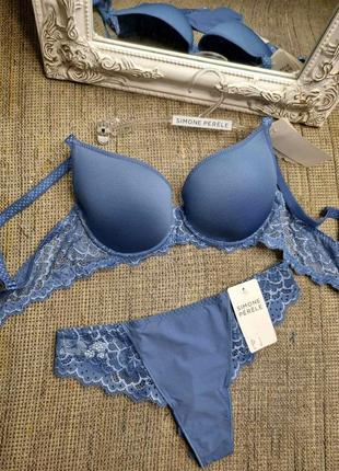 Комплект білизни simone perele caresse стрингами сіро - блакитний 70c/xs, 70d/xs