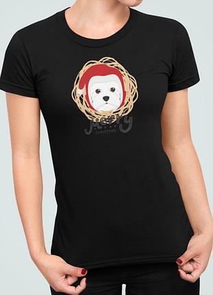 Женская новогодняя футболка с принтом пес санта