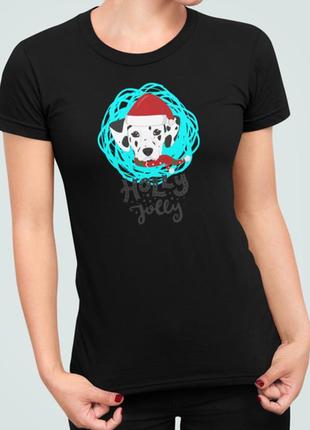 Женская новогодняя футболка с принтом далматинец новогодний