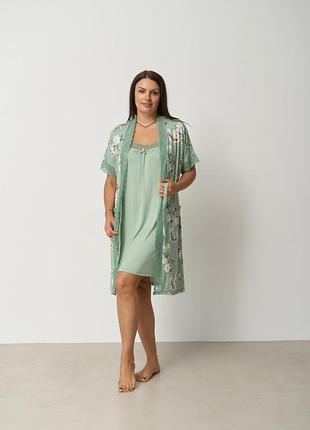 Комплект халат и сорочка с кружевом цветочный принт размер 2xl, 3xl, 4xl, 5xl